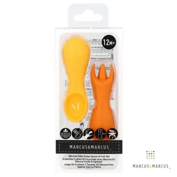 Πιρούνι Κουτάλι Σιλικόνης Μικρά Εκπαιδευτικά Κίτρινο Πορτοκαλί palm grasp marcus 1